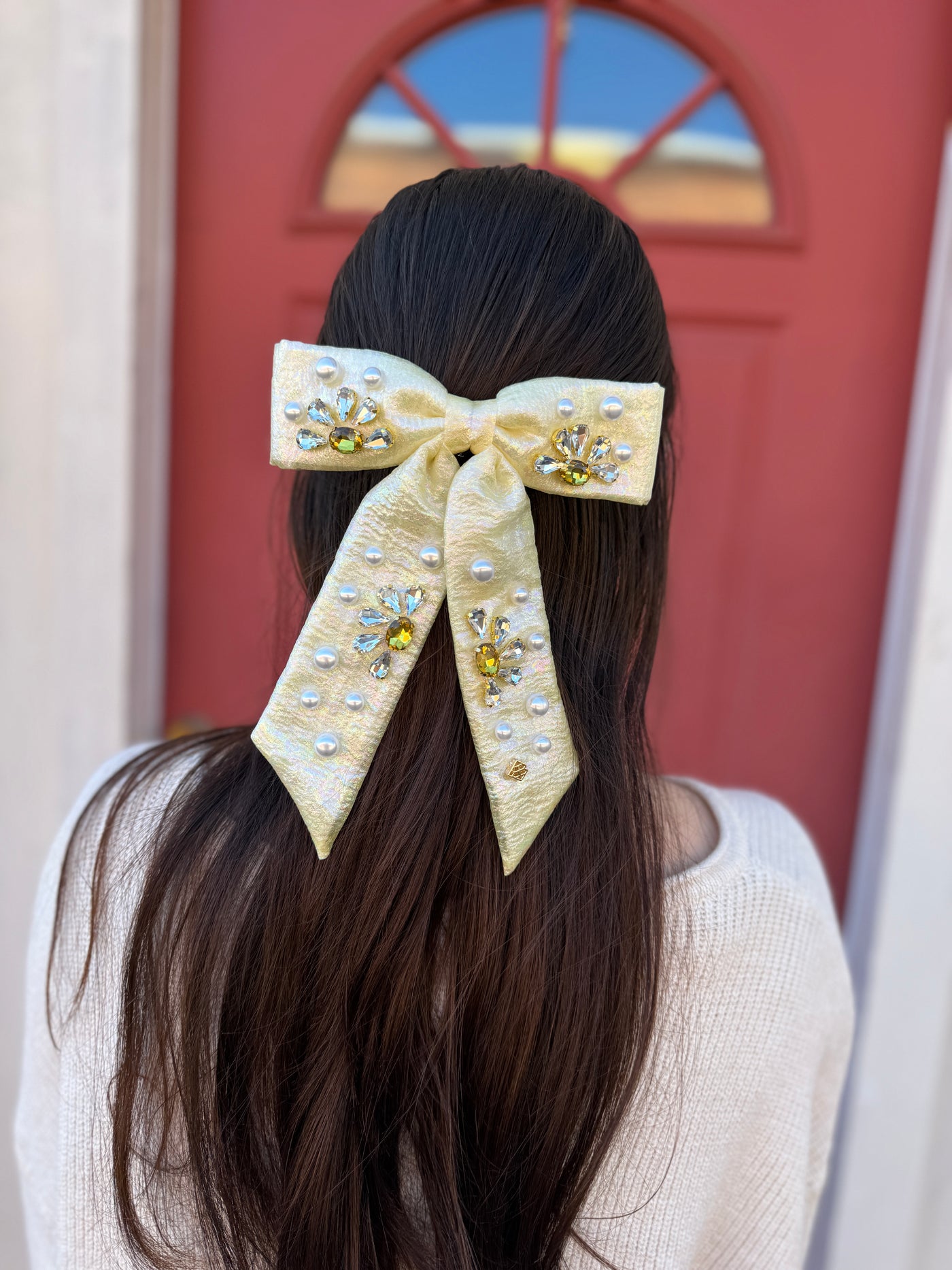 Yellow Shimmer Bow Barrette with Crystals & Pearls | Brianna Cannon
