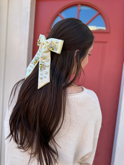 Yellow Shimmer Bow Barrette with Crystals & Pearls | Brianna Cannon