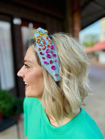 Youth Size Denim Headband With Rainbow Hand Sewn Crystals | Brianna Cannon