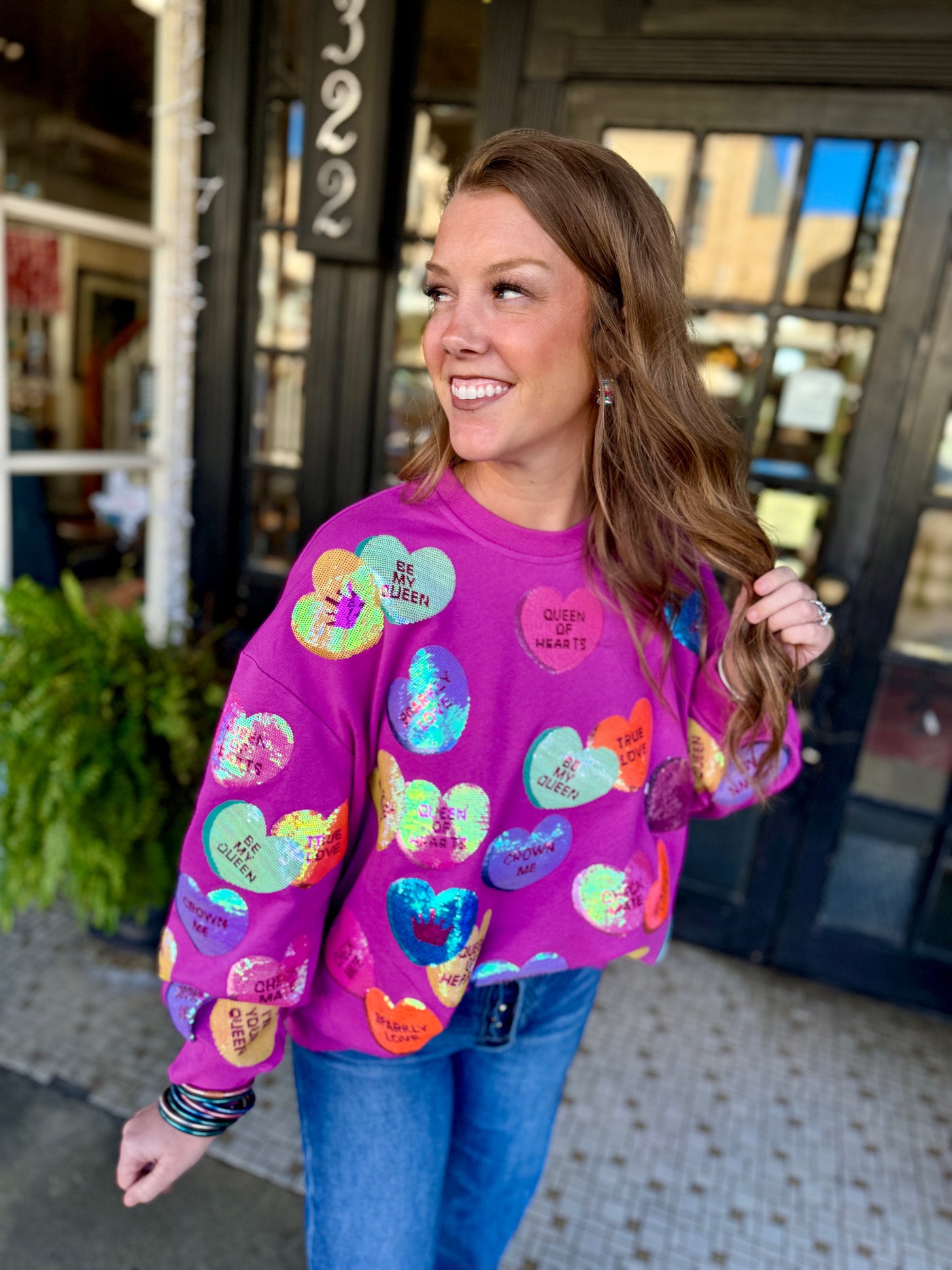 Purple Sequin Conversation Heart Sweatshirt | Queen of Sparkles